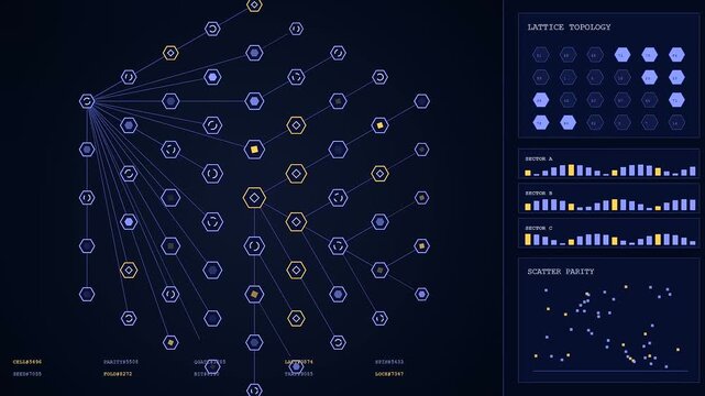 Quantum encryption interface displays geometric data nodes and spectral bar graphs within a digital network environment showing complex flow patterns across a dark glowing user interface