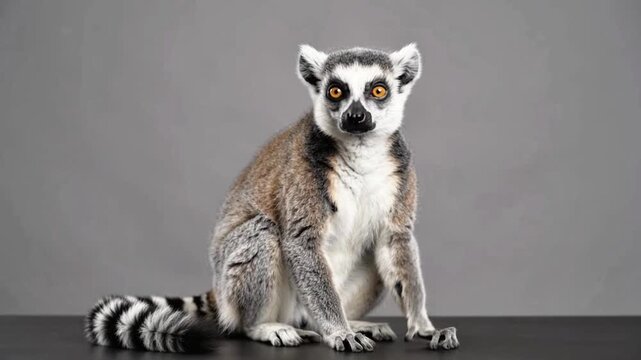 Ring-Tailed Lemur Sitting and Looking Around on Grey Studio Background
