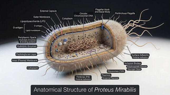 Transparent Anatomical Cross-Section of Proteus Mirabilis Revealing Peritrichous Flagella for Swarming Motility and Urease Enzymes