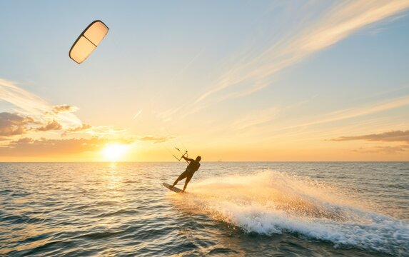 Adventure Athlete Riding a Kiteboard Across the Ocean at Sunset with Wind and Waves