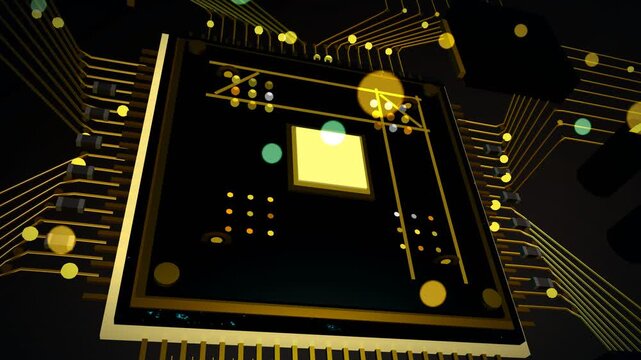Futuristic isometric microchip with glowing golden circuit lines