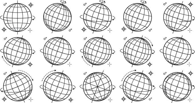 Earth globe grid line icon vector collection with planet sphere map rotation axes latitude longitude degrees abstract symbols
