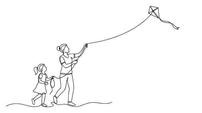 Mother and Daughter Flying Kite on Transparent Background, Continuous Line Art