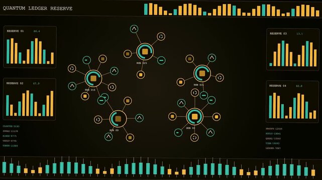 Complex digital animation displaying quantum encryption data streams in a dark virtual interface with evolving network nodes and statistical monitoring bars during a simulated computational process