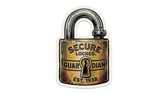 Vintage style illustration of a brass padlock with the text secure lock co guardian est 1938, isolated on white background