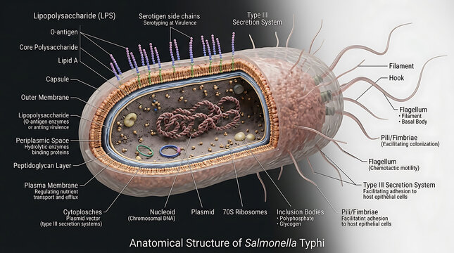 Transparent Anatomical Cross-Section of Salmonella Typhi Revealing Peritrichous Flagella and Type-III Secretion System Plasmids