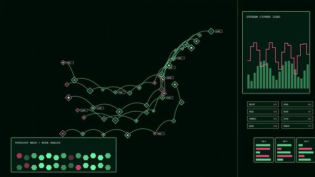 Quantum encryption streams emerge within a digital interface displaying fluctuating data metrics and complex network node connectivity visualized through neon light pulses on a dark screen