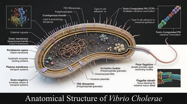 Transparent Anatomical Cross-Section of Vibrio Cholerae Revealing Sheathed Polar Flagellum and Cholera Toxin Subunit Plasmids