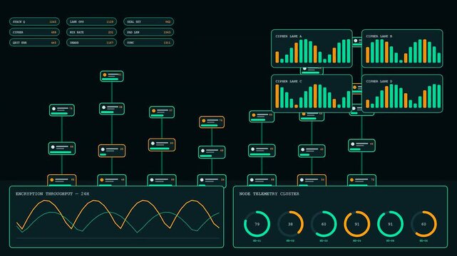 Monitoring of quantum encryption data streams visualized through dynamic glowing bar charts and digital circle gauges pulsing on a dark black monitor interface for analytics