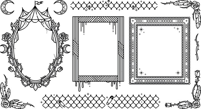 Gothic frame vector doodle set with circus tent mirror dripping borders roses thorns isolated on white background
