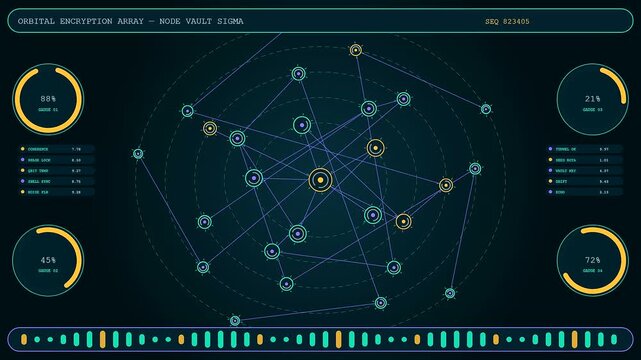 a dark digital interface with quantum encryption displaying interconnected nodes and rotating circular gauges in a triple pane layout view for modern software development monitoring systems