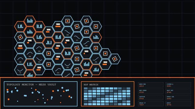 Quantum encryption monitors display glowing honeycomb data charts in this digital interface animation capturing fluid movement across several analytical windows inside a dark server node room