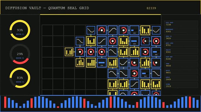 The complex quantum encryption grid display shows expanding modular box structures on dark digital interface screens as data processing flow pulses in a dark room environment