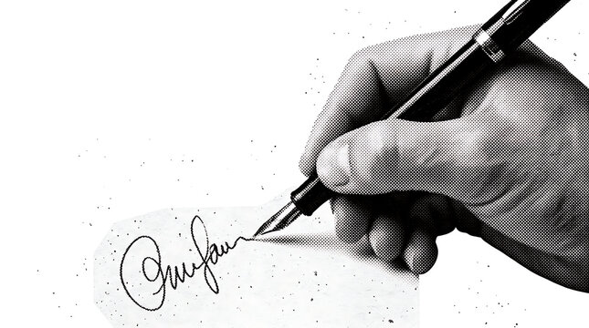 Closeup of a hand signing a document with a fountain pen, isolated on white background