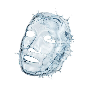 Human face mask shape formed by dynamic splashing clear water droplets and flowing liquid streams isolated on a transparent background