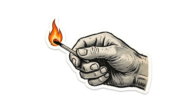 Illustration of a human hand holding a burning matchstick, vintage comic book style drawing isolated on white background