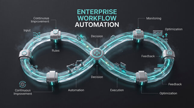 3D infinity loop diagram illustrating continuous enterprise workflow automation cycle