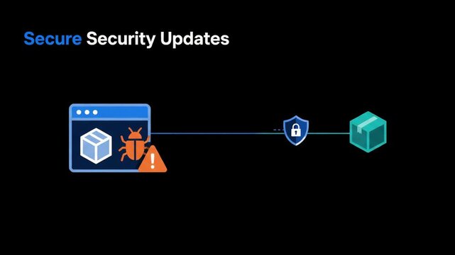 Secure security updates animation showing bug fix package protection