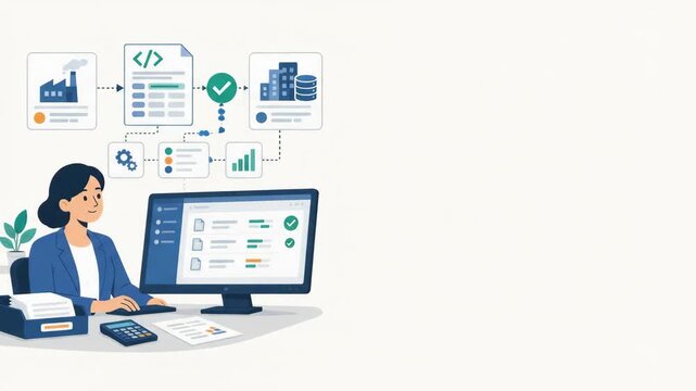 Woman working on computer with electronic invoicing workflow graphics