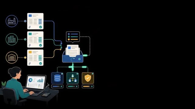 Data management and invoice processing animation with a person working