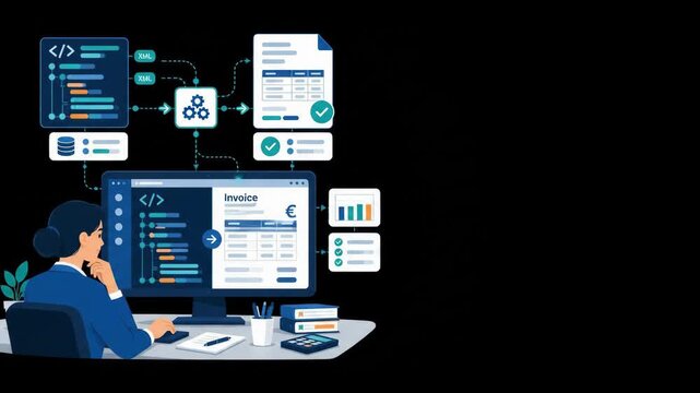 Woman working on computer with data visualization and invoice