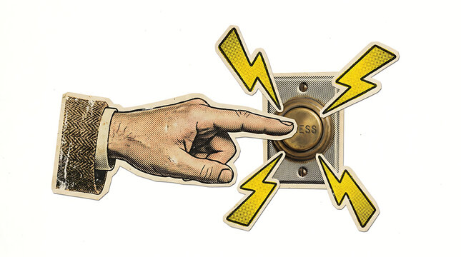 Vintage collage art of a hand pressing a doorbell button with yellow lightning bolt symbols isolated on white background