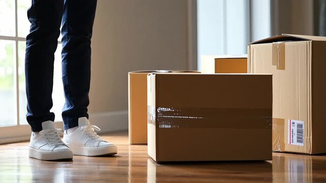 Person standing near cardboard boxes in spacious living room during relocation process