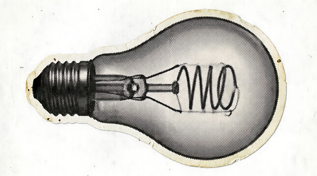 Vintage style light bulb illustration with a coiled filament, featuring a halftone dot texture and distressed paper edges, isolated on white background