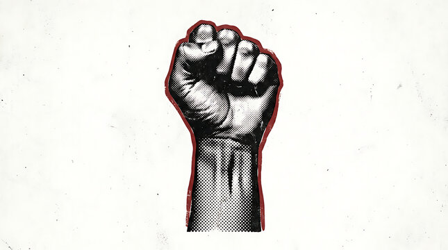 Raised fist symbol, a powerful graphic illustration representing resistance, protest, solidarity, and social justice, isolated on white background