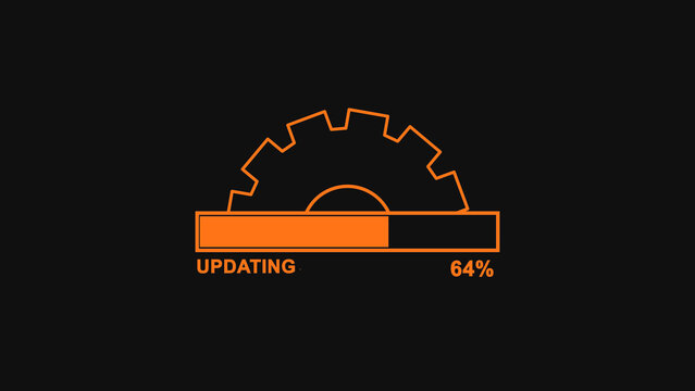Orange gear icon with a loading progress bar showing sixty four percent update status on a dark black background for software installation and system updates