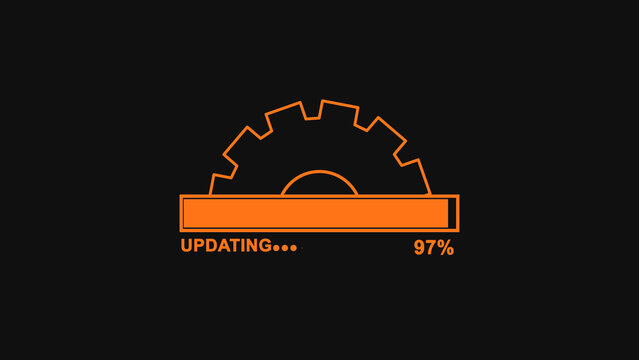 Orange progress bar with a gear icon showing system update status at ninety seven percent on a dark black background for digital software installation concepts
