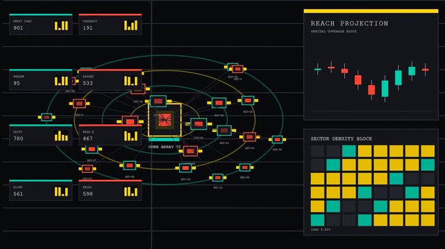 A digital reach projection interface displays complex orbital data patterns with moving geometric icons and glowing light grids on a dark computer monitor display screen