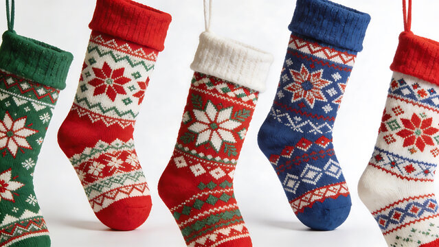 Colorful knitted Christmas stockings with snowflake and Nordic patterns hanging against white background