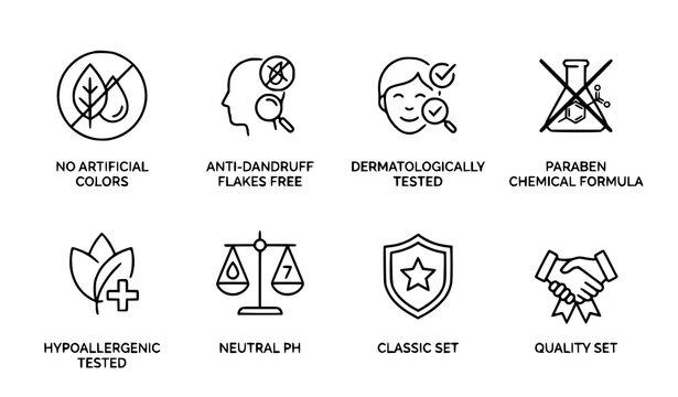 Cosmetic Product Claim Icon Set with No Artificial Colors, Anti Dandruff, Dermatologically Tested, Paraben Free and Hypoallergenic Line Icons