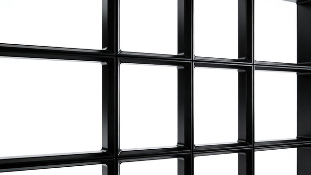 Black modular display wall with empty white panels for digital content or signage