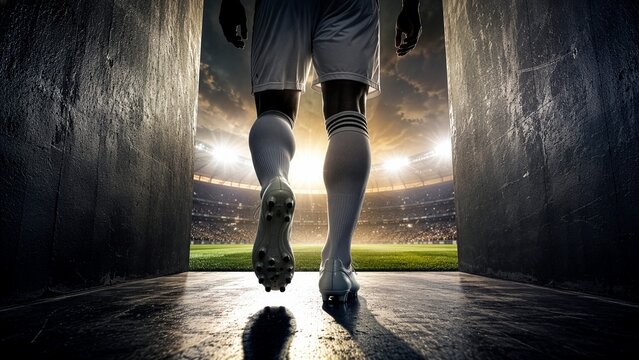 Low angle back view of a professional soccer player walking out of a dark tunnel onto a brightly lit stadium pitch, dramatic cinematic sunset lighting, championship anticipation concept, Generative AI