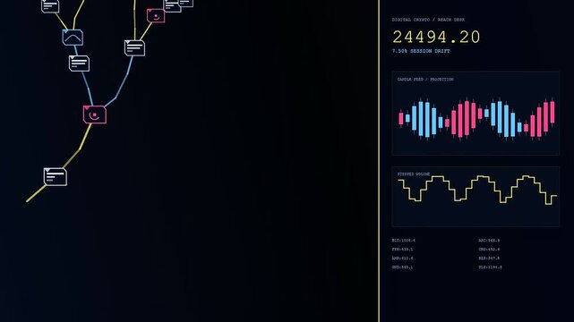 a reach projection interface displays fluctuating stock market data through colorful animated waveform graphs and complex node connections on a dark monitor for financial analysts
