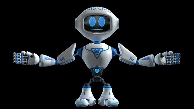 Small white robot with blue joints talking in front of the camera, making gestures with its face and moving its hands against a transparent background. Loop sequence with alpha channel. 3D Animation