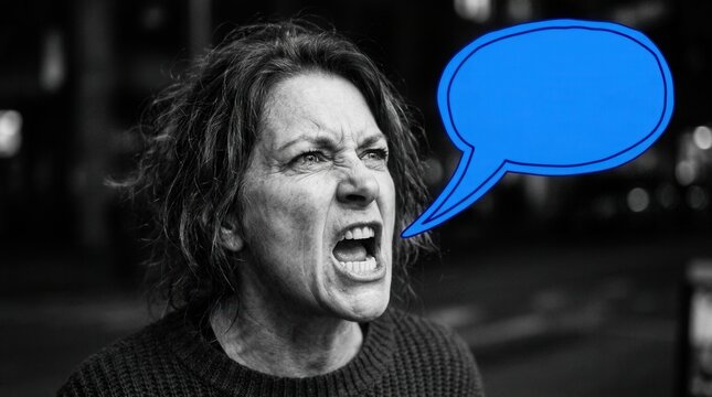 Close-up of a furious woman shouting with an empty blue speech bubble above her head, conveying anger and protest.