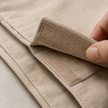 Hand opening velcro closure on beige padded fabric mailer envelope mockup close up