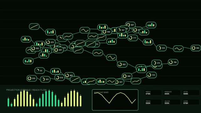 A reach projection interface demonstrates complex node data movement as evolving neural network connection points pulsate across a dark monitor display in an illuminated digital space