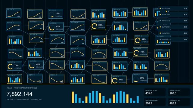 a dynamic reach projection interface displays segmented network metrics and complex streaming node growth patterns within a dark digital environment providing real time monitoring visual feedback