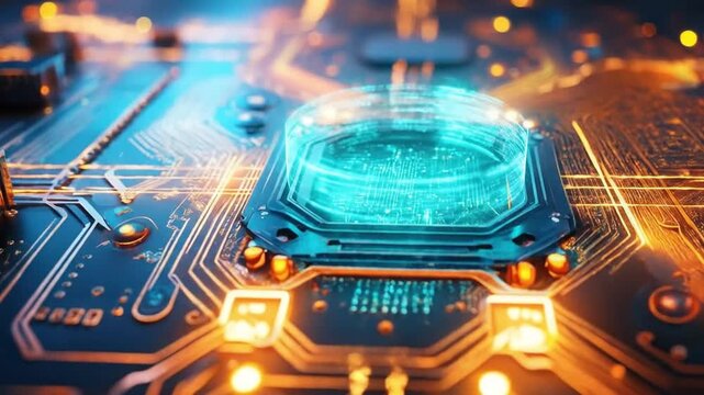 Futuristic glowing circuit board with a central processing unit and intricate data pathways