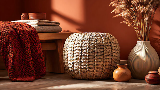 Tall braided basket with cozy throw and rust red pouf
