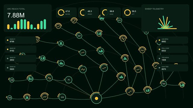 A detailed reach projection interface showing glowing data charts and complex connectivity nodes displayed on a digital screen for advanced analytical monitoring of modern network systems