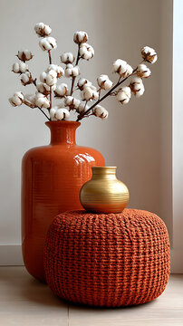 Terracotta knit pouf with gold vase and cotton branches