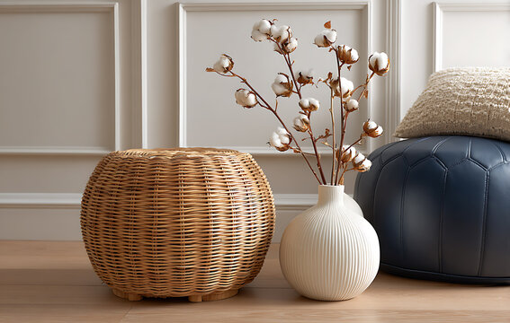 Round rattan basket with navy leather pouf and cotton stems