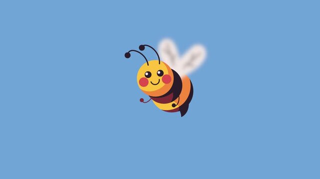 Cute cartoon honey bee character flying through blue sky with simple wing animation and smiling face.