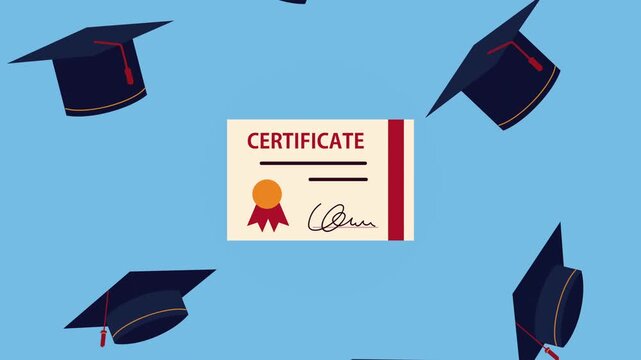 Graduation certificate with falling academic caps motion graphic celebrating achievement and education success.