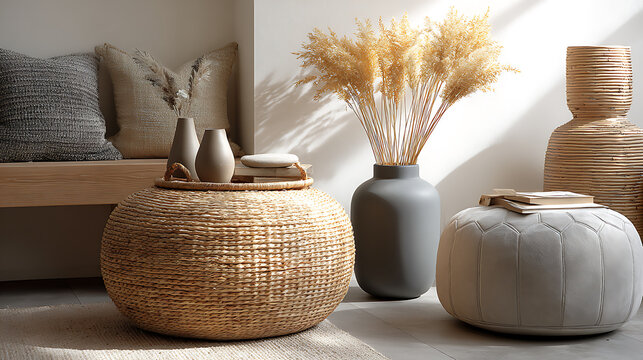 Round rattan basket with taupe pouf in modern living room